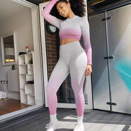 2 Piece Seamless Yoga Gym High Waist Ombre Leggings Shirts Top Suit Long Sleeve Fitness Workout Sport Sportswear Set The Clothing Company Sydney
