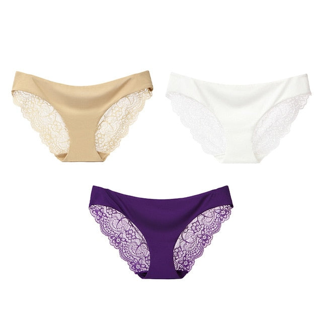 Three pack of seamless low-rise women's lace cotton underwear from The Clothing Company Sydney, breathable hollow briefs in plus size.
