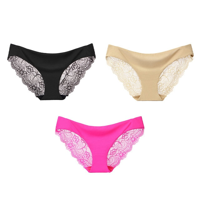 Three-pack of seamless low-rise women's lace cotton underwear from The Clothing Company Sydney, breathable and plus size briefs.