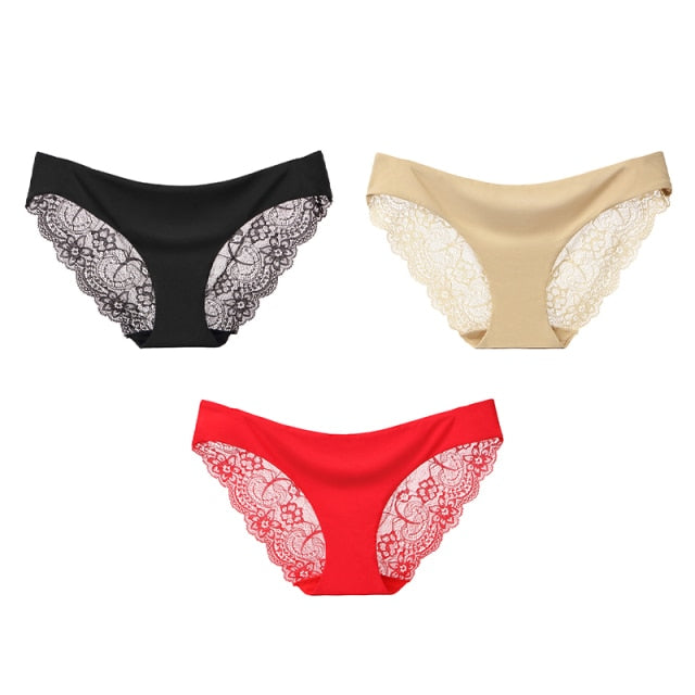 Three pairs of seamless low-rise women's lace cotton briefs from The Clothing Company Sydney, breathable plus size underwear.