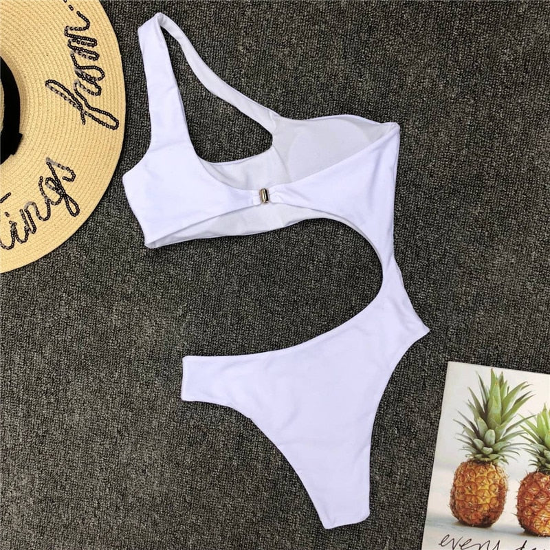Leopard print one-piece swimsuit by The Clothing Company Sydney featuring a single shoulder design and midriff cutout.