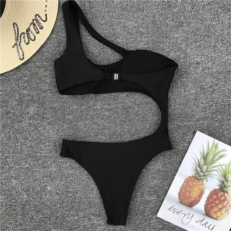 Leopard print one-piece beachwear bikini set with single shoulder strap, midriff cut, from The Clothing Company Sydney.