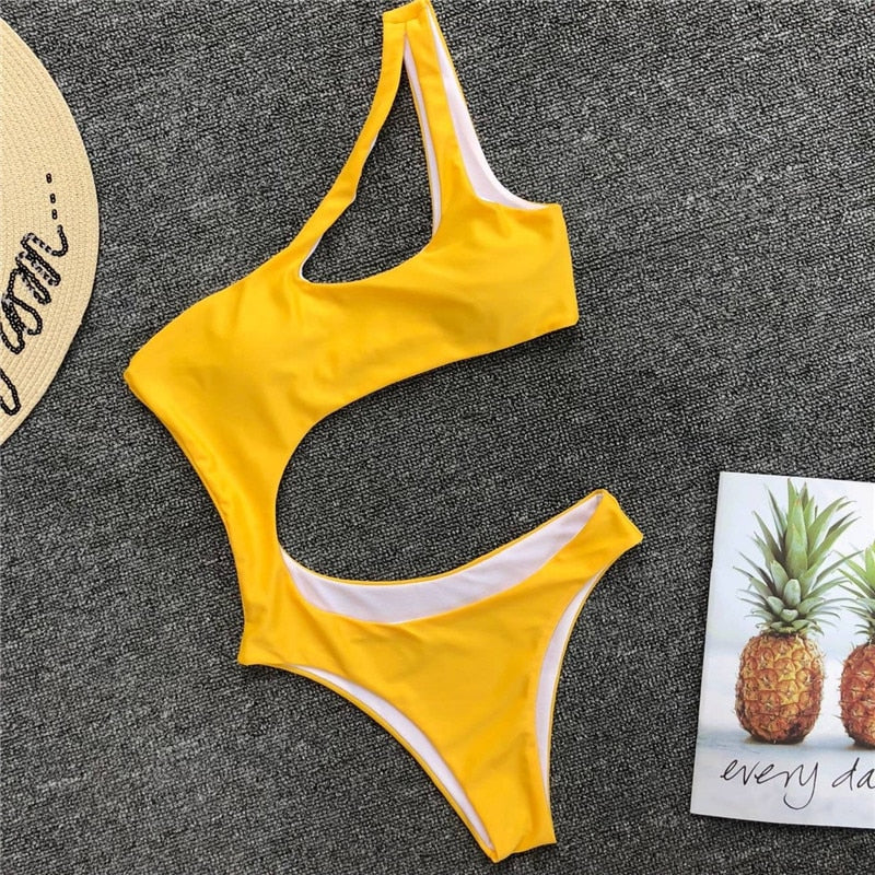 Leopard print one-piece bikini set with single shoulder strap, midriff cut, from The Clothing Company Sydney, perfect for beachwear.