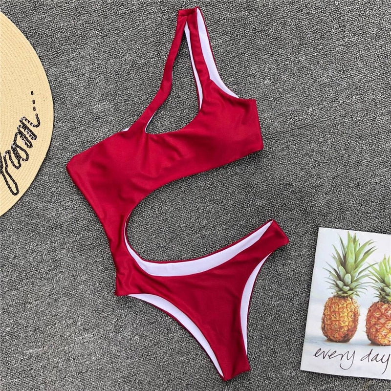 Leopard print one-piece beachwear bikini set with single shoulder strap and midriff cut, by The Clothing Company Sydney.