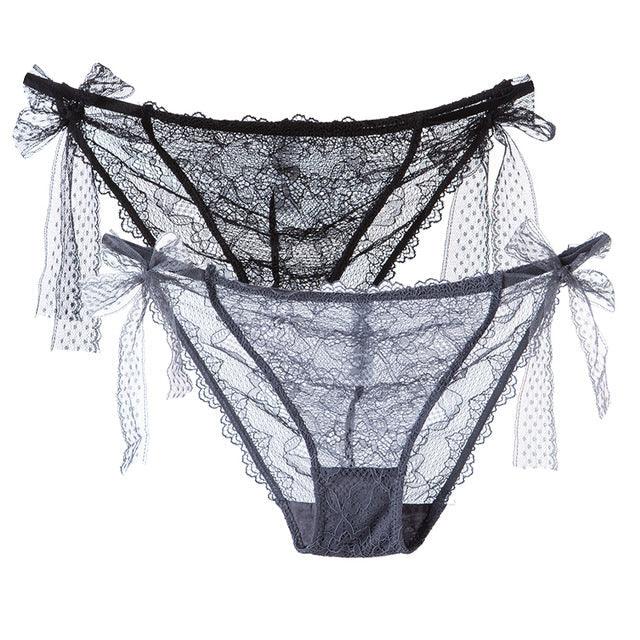 Two-pack women's lace underwear by The Clothing Company Sydney, low-waist panties with transparent hollow-out design.