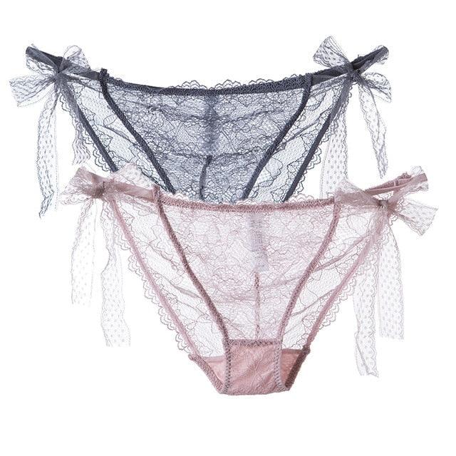 Two pairs of women lace low-waist panties from The Clothing Company Sydney featuring transparent hollow-out design and comfortable briefs.