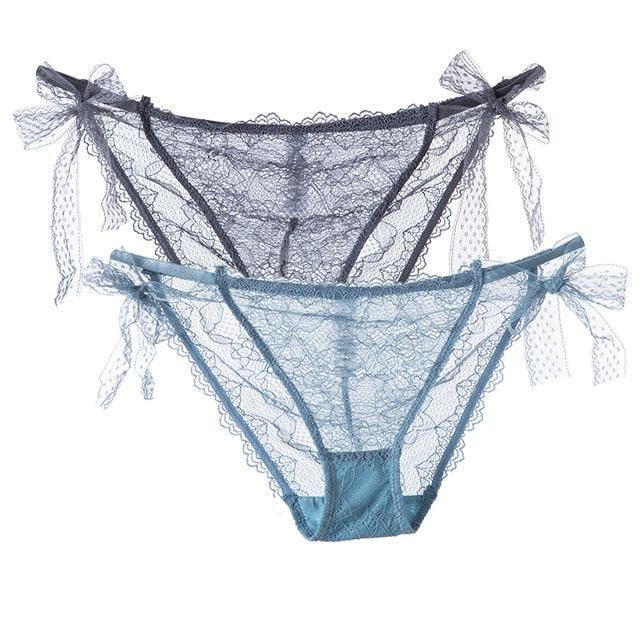 Two pairs of women’s lace low-waist underwear from The Clothing Company Sydney, featuring transparent hollow-out design and briefs style.