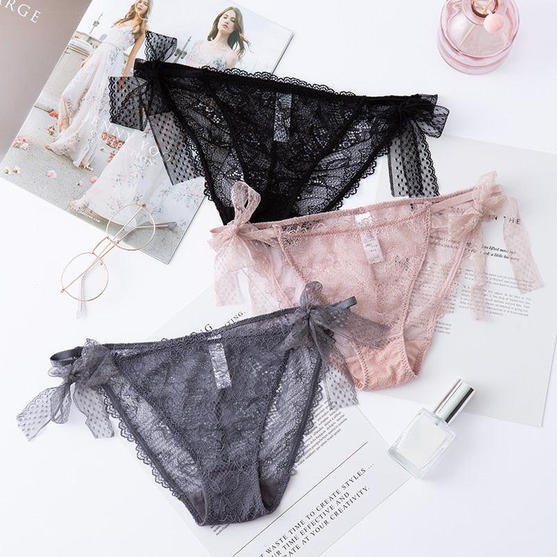 Two pack women's lace low-waist panties by The Clothing Company Sydney, transparent hollow-out lingerie briefs in black.
