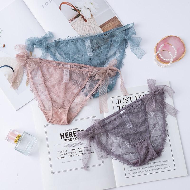 Two pairs of women lace lingerie low-waist panties with transparent hollow-out design, from The Clothing Company Sydney.