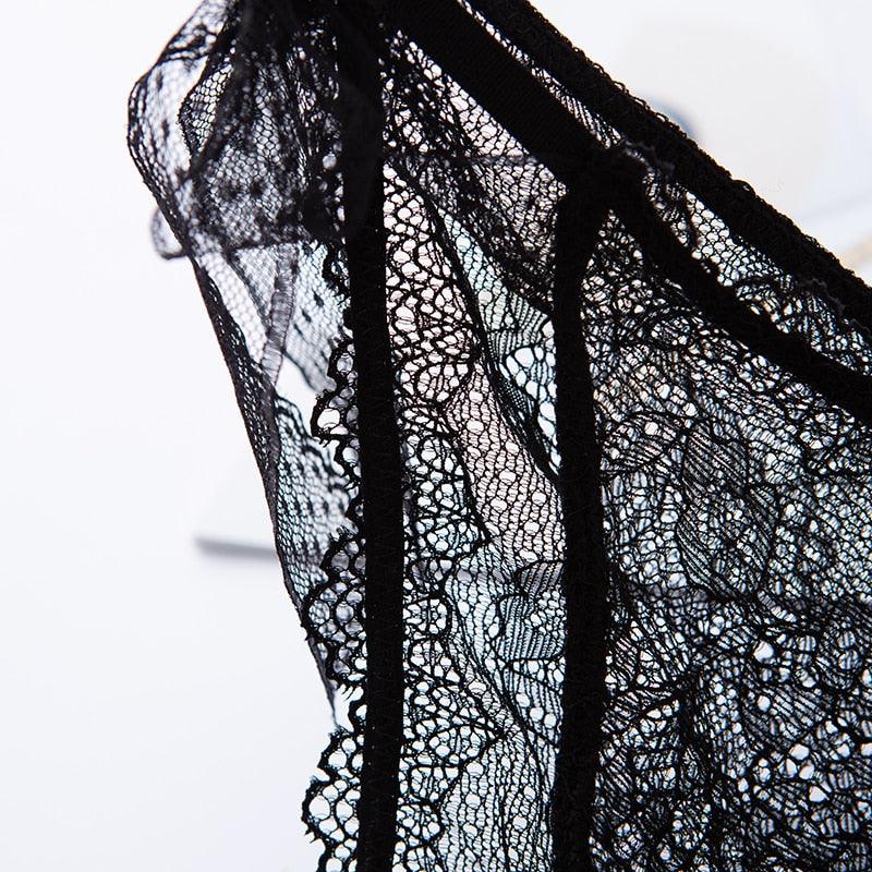 Two pairs of women lace low-waist panties with transparent hollow-out design, undergarments from The Clothing Company Sydney.