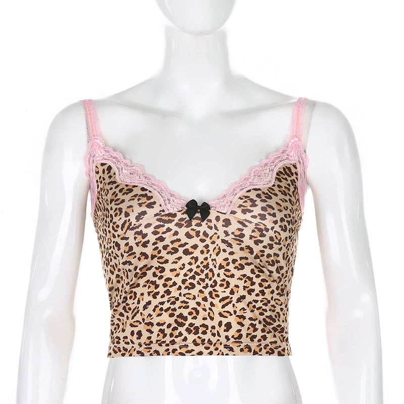 Pink lace sleeveless cami top by The Clothing Company Sydney featuring animal print, spaghetti straps, and backless design.