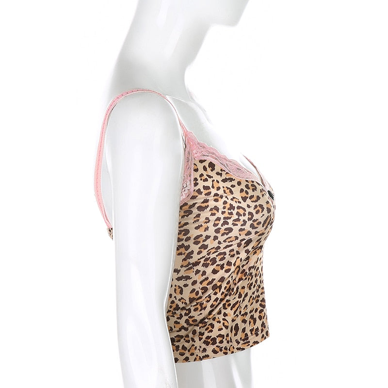 Pink lace sleeveless cami top with animal print, spaghetti straps, backless design, perfect for summer, by The Clothing Company Sydney.