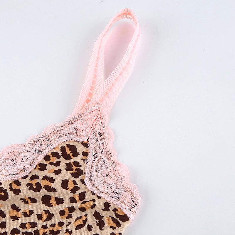 Pink lace sleeveless cami top with animal print, backless design, spaghetti straps, and a sexy crop top style from The Clothing Company Sydney