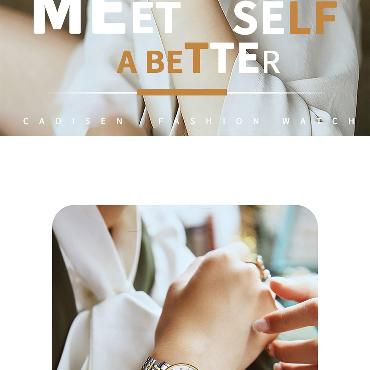 Rose gold women's quartz wristwatch with moon phase display, luxury fashion brand from CADISEN, stylish and elegant for ladies.