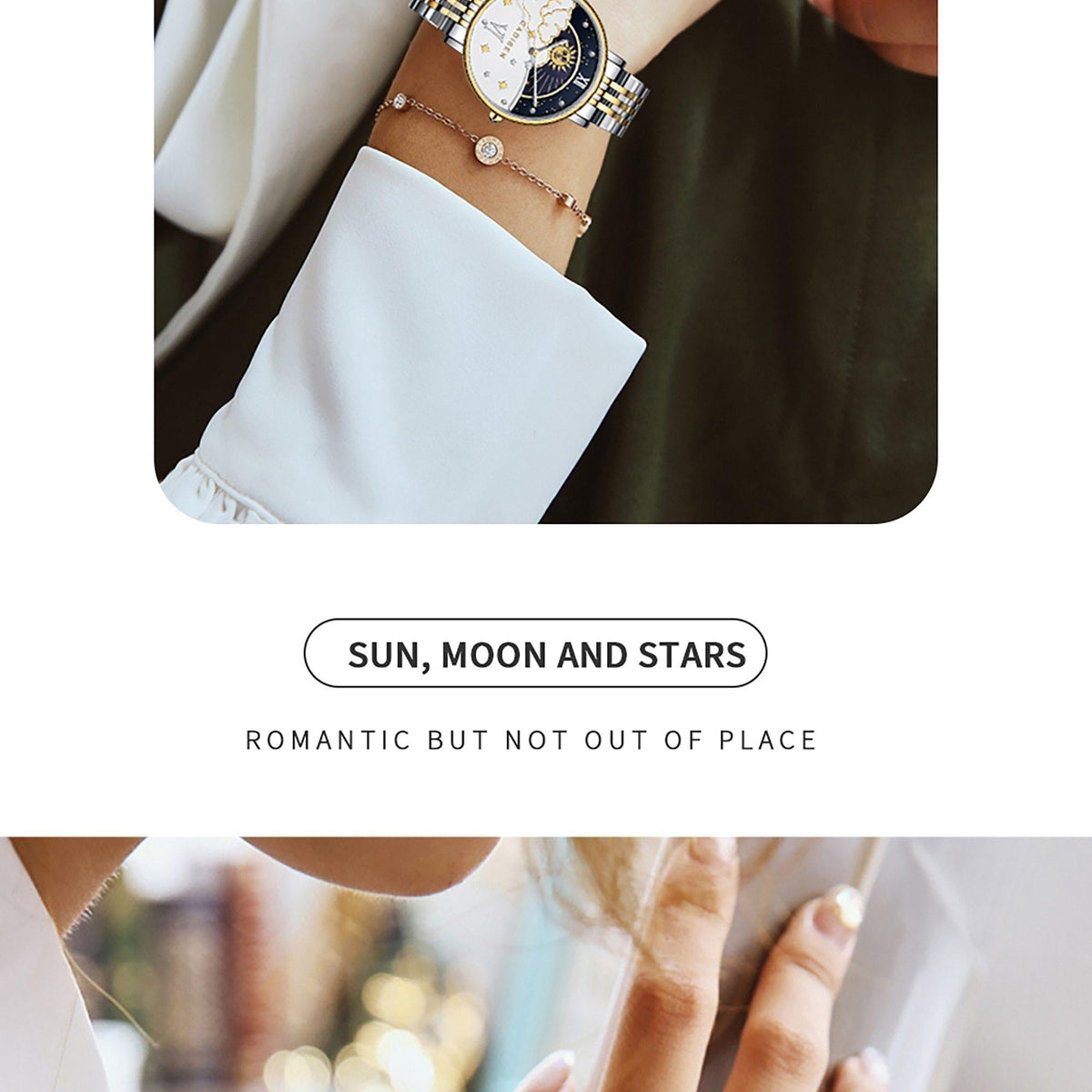 CADISEN women's luxury rose gold quartz wristwatch with moon phase display, elegant fashion watch for ladies.