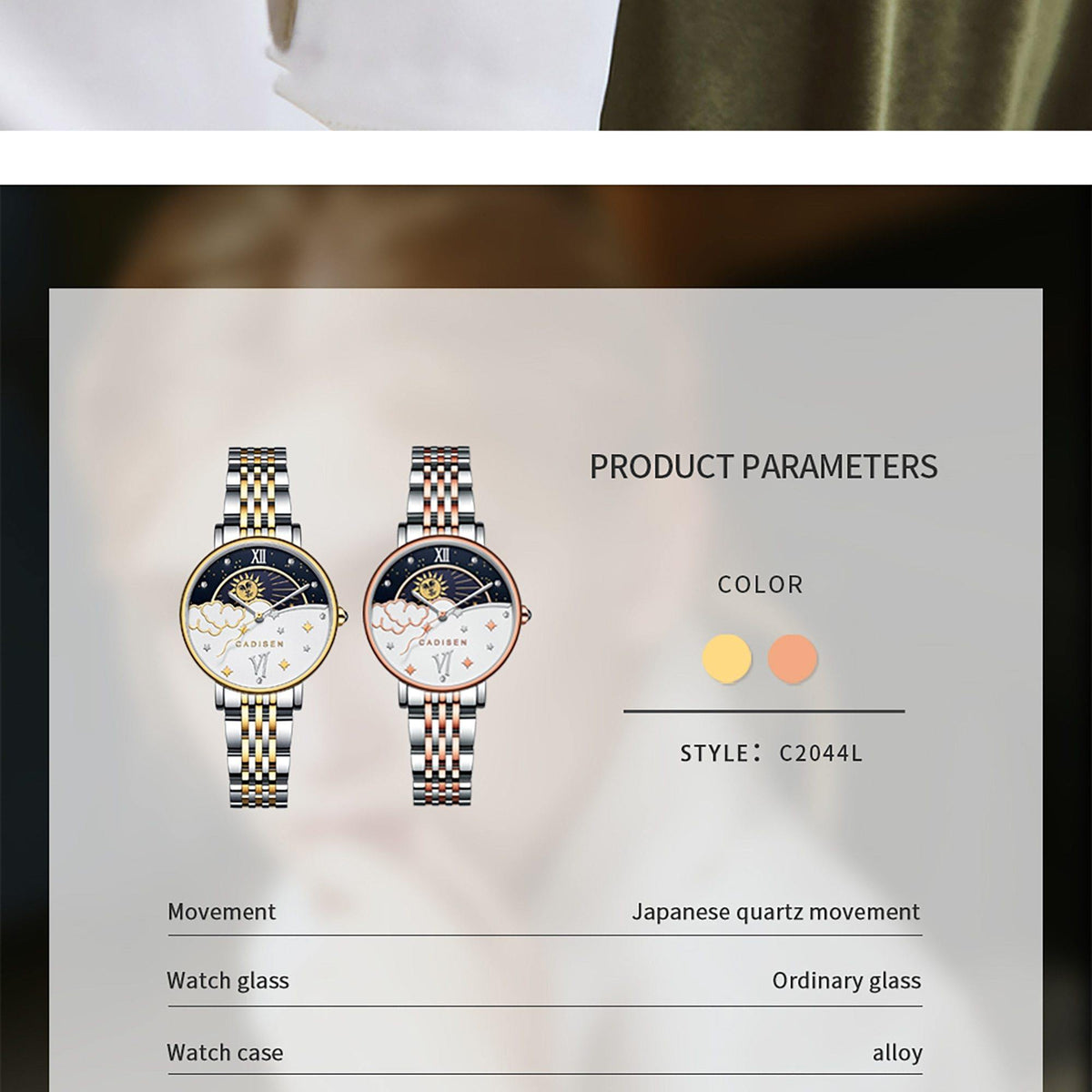 CADISEN women's luxury rose gold quartz wristwatch with moon phase design, stylish fashion brand accessory for ladies.