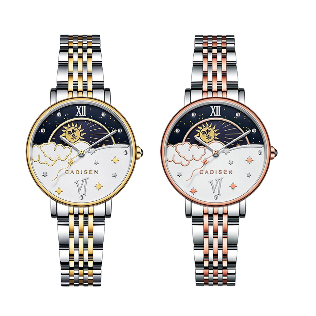 Rose gold women's quartz wristwatch with moon phase design and elegant style by CADISEN, perfect for fashionable ladies.