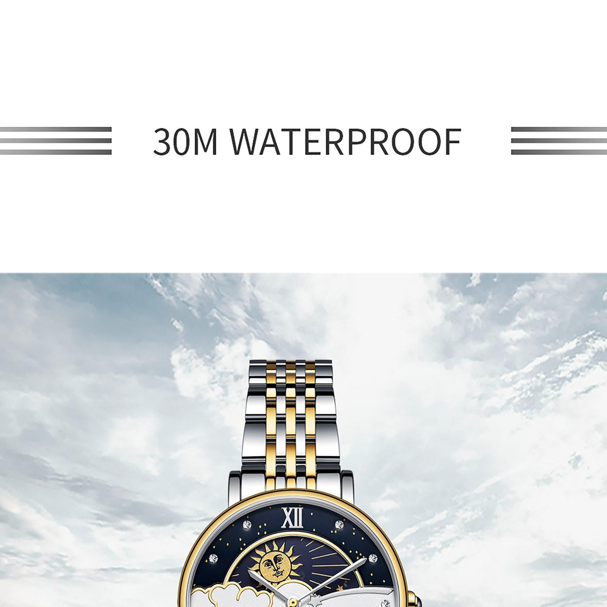 Rose gold quartz wristwatch for women with moon phase design, luxury fashion brand by The Clothing Company Sydney.