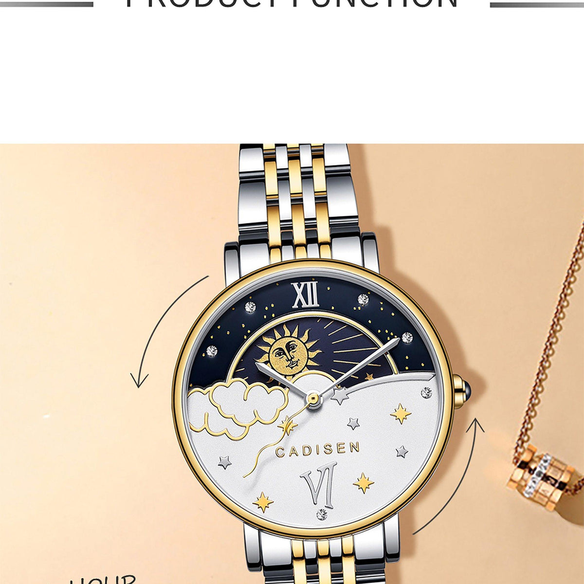 CADISEN women's luxury rose gold quartz wristwatch with moon phase display, elegant fashion brand timepiece for ladies.