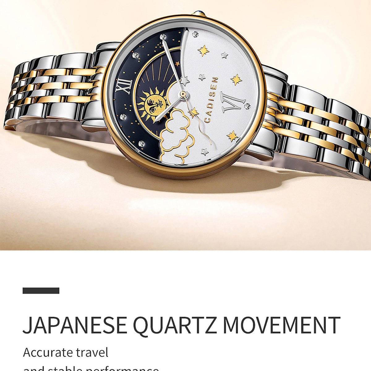 CADISEN women's rose gold quartz wristwatch with moon phase display, elegant design, luxurious fashion accessory for ladies.