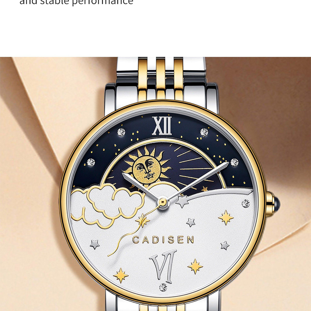 Rose gold women's quartz wristwatch with moon phase dial from CADISEN, featuring a stylish and luxurious design for ladies.