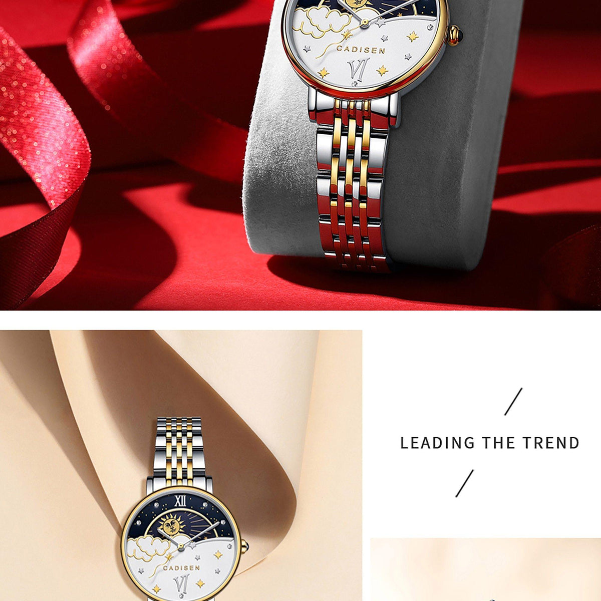 CADISEN women's luxury rose gold quartz wristwatch with moon phase display, elegant design, perfect for fashionable ladies.