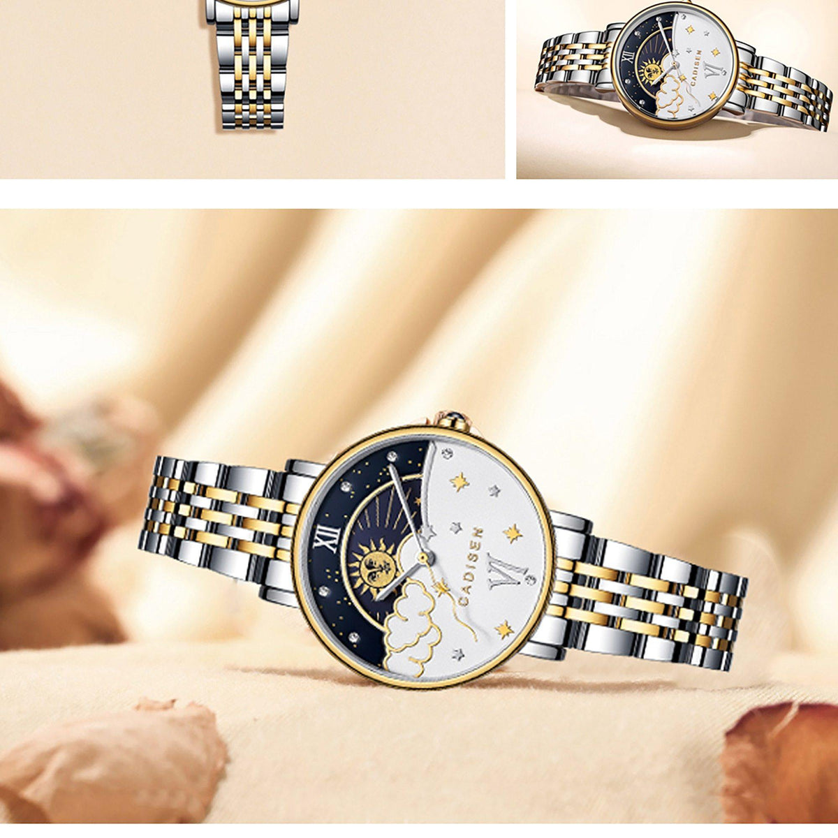 Rose gold women's quartz wristwatch with moon phase design by CADISEN, elegant fashion brand watch for ladies.