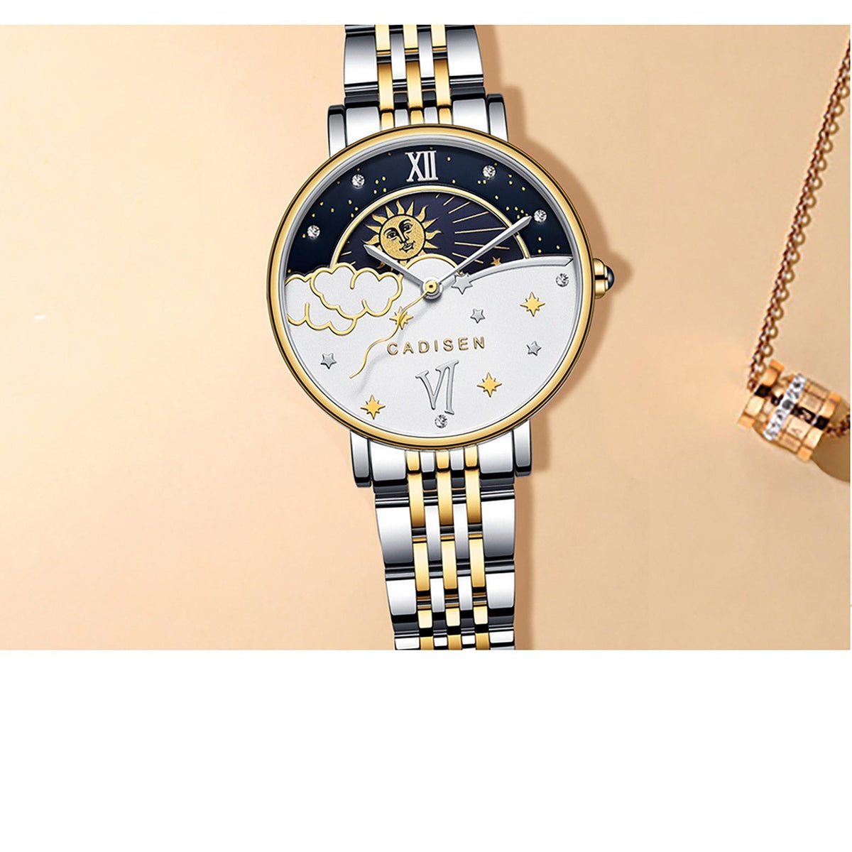 CADISEN women's luxury rose gold quartz wristwatch with moon phase dial, stylish fashion brand timepiece for ladies.