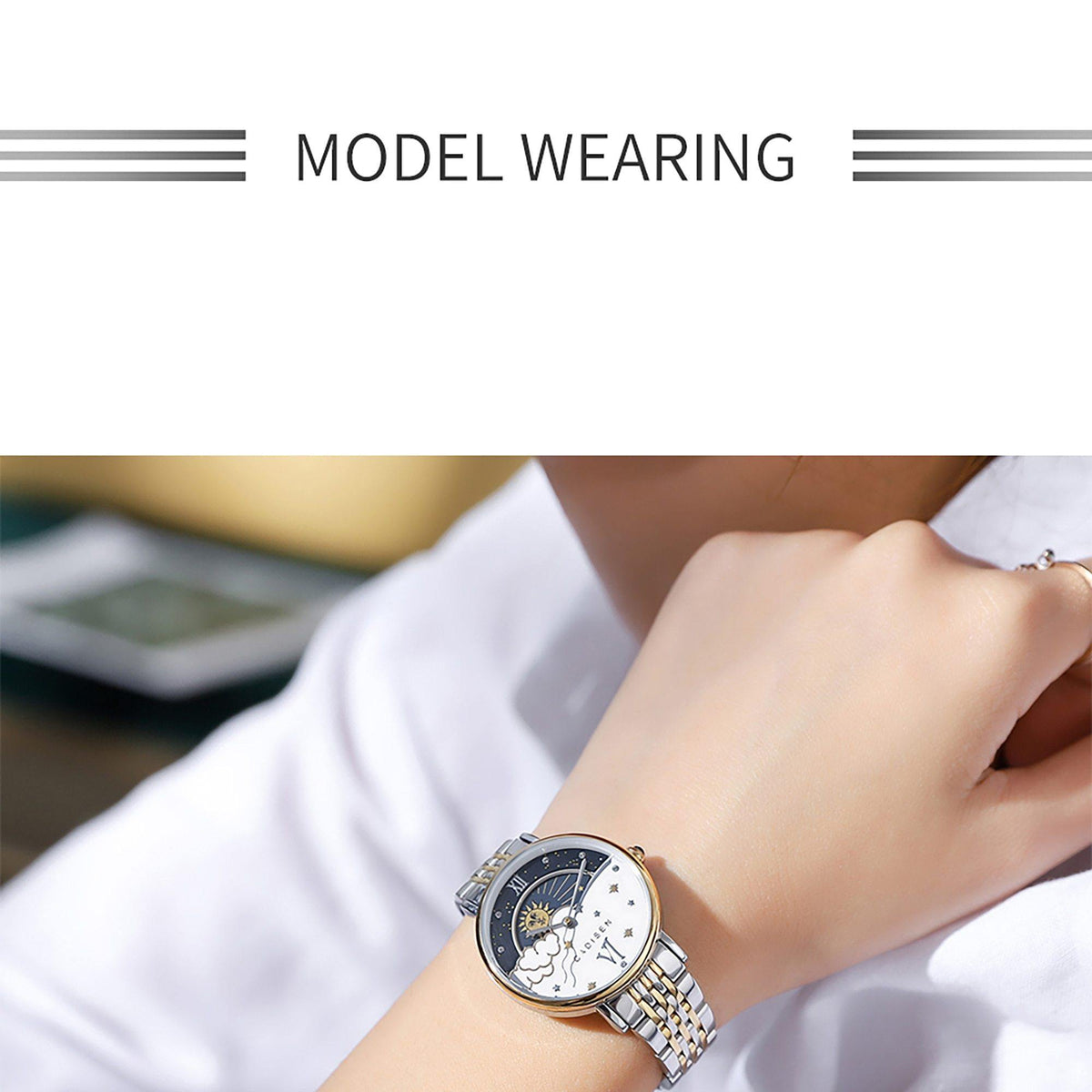 Rose gold women's quartz wristwatch with moon phase display by CADISEN, featuring elegant design and luxury style.