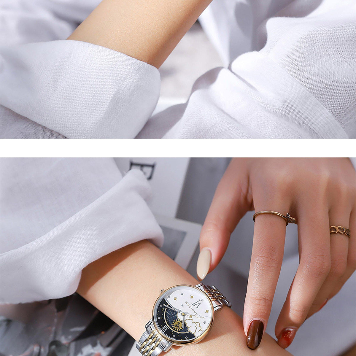 CADISEN women's luxury rose gold quartz wristwatch with moon phase dial, elegant fashion brand timepiece for women