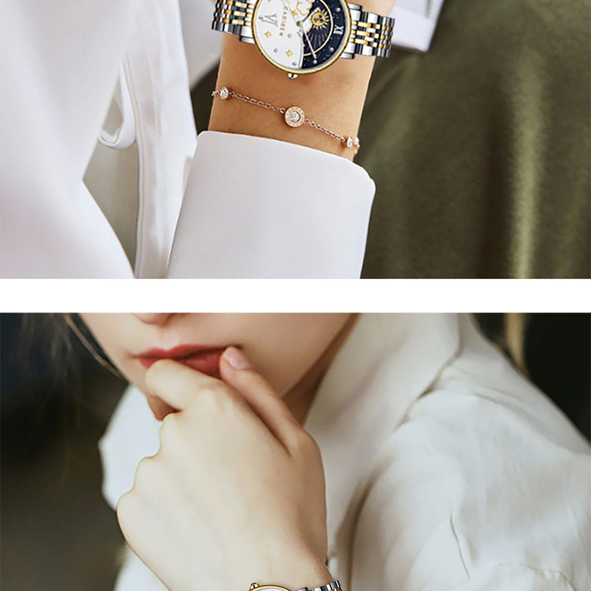 Elegant CADISEN women’s rose gold quartz wristwatch featuring moon phase design and luxury style, perfect for fashionable ladies.