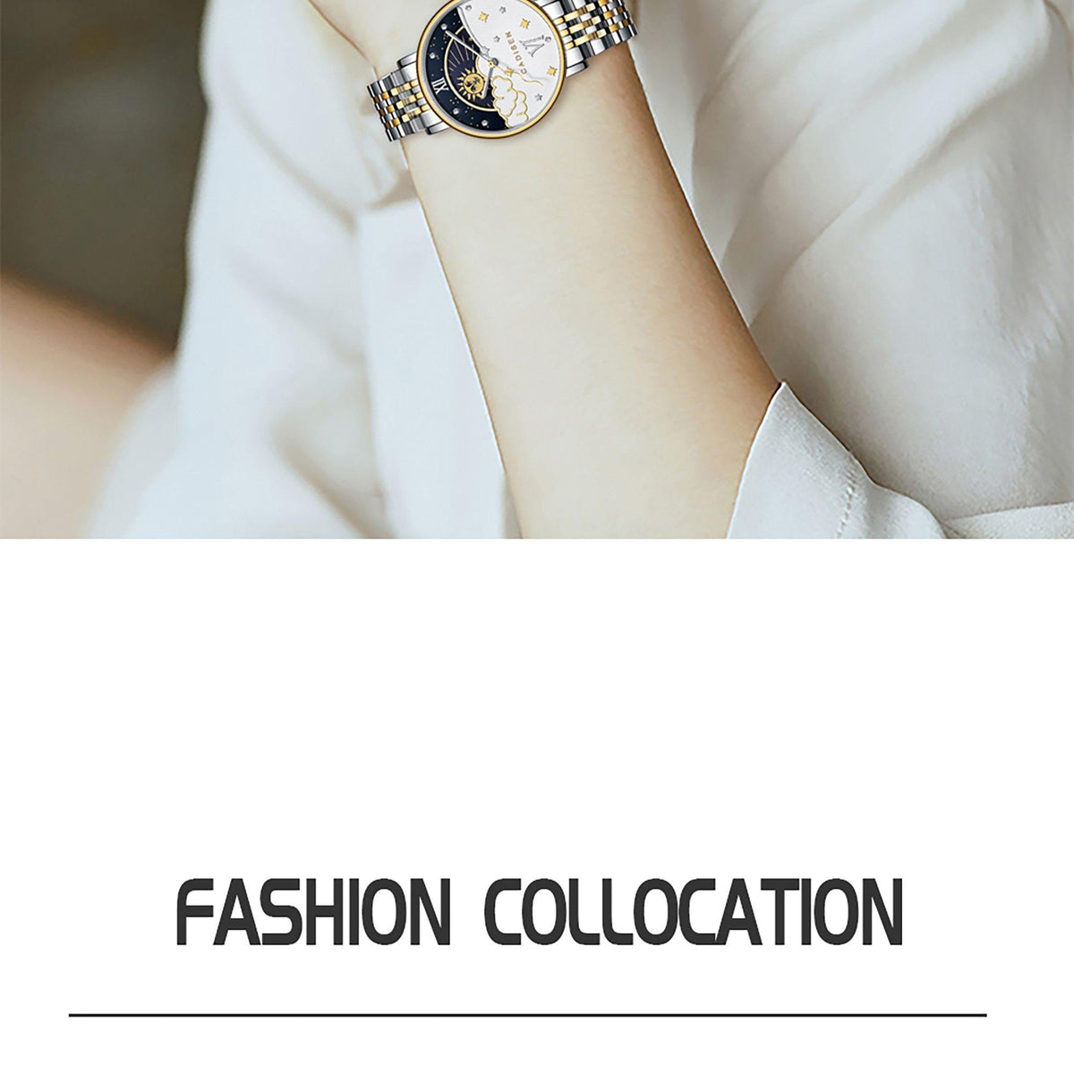 CADISEN women's luxury rose gold quartz wristwatch with moon phase display, elegant fashion accessory for ladies.