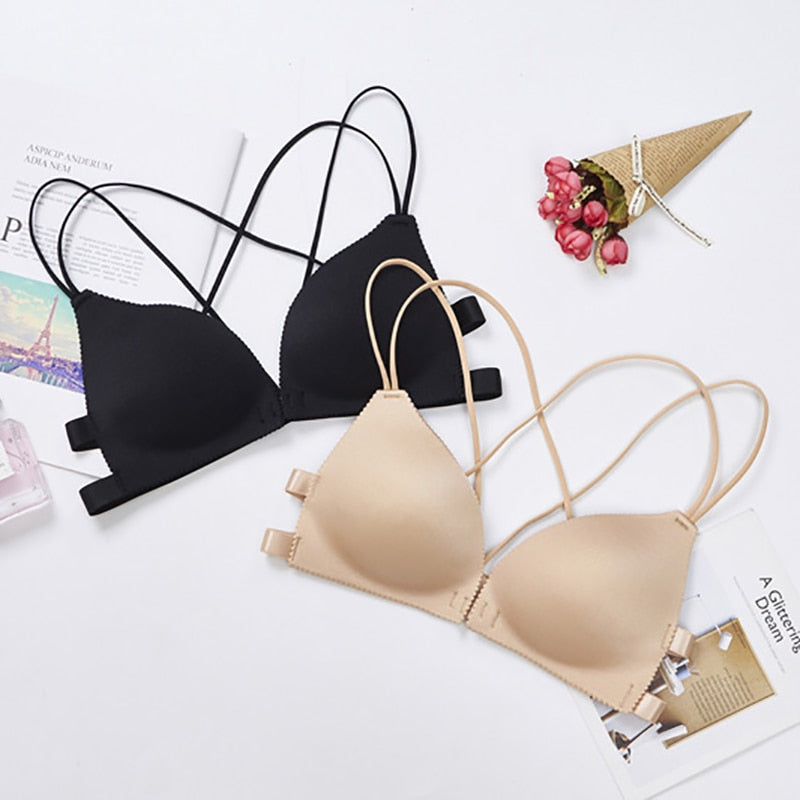 Backless seamless bralette by The Clothing Company Sydney, front closure, push-up design, strapless, cup-free, size flexible lingerie.