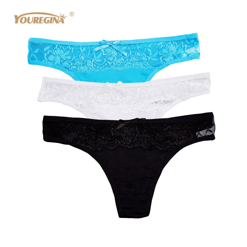 Three-pack of The Clothing Company Sydney lace thong and G-string panties, transparent and seamless cotton underwear briefs.