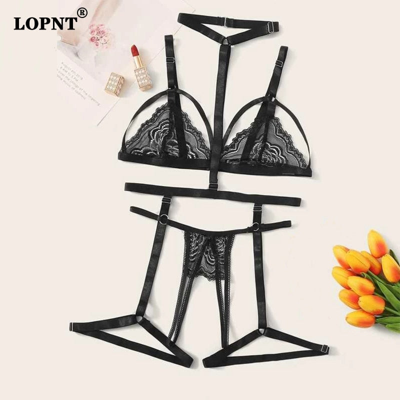 Three-piece lace lingerie set with embroidered bras and underwear from The Clothing Company Sydney, elegant and feminine.