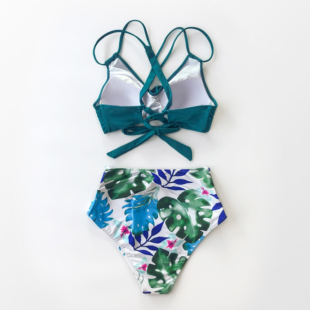 Tropical palms twist-front high-waisted bikini with lace-up details, two-piece swimwear from The Clothing Company Sydney.