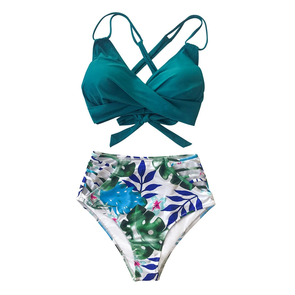 Tropical Palms twist-front high-waisted bikini with lace-up detail, two-piece swimwear, perfect for beach or poolside.