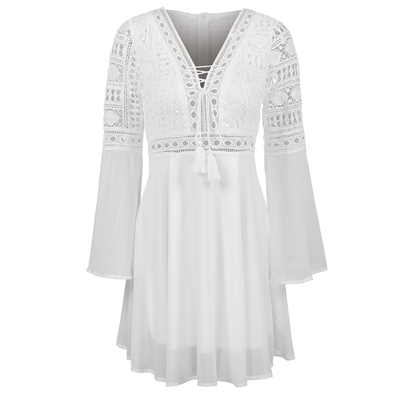White V-neck long sleeve lace boho dress with hollow out design and mini length, casual and elegant style by The Clothing Company Sydney
