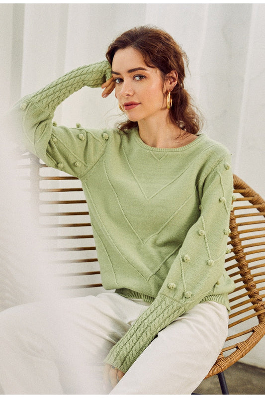 Elegant fur pompon sweater Autumn winter lantern sleeve knitted sweater Streetwear ladies green pullover Jumper The Clothing Company Sydney