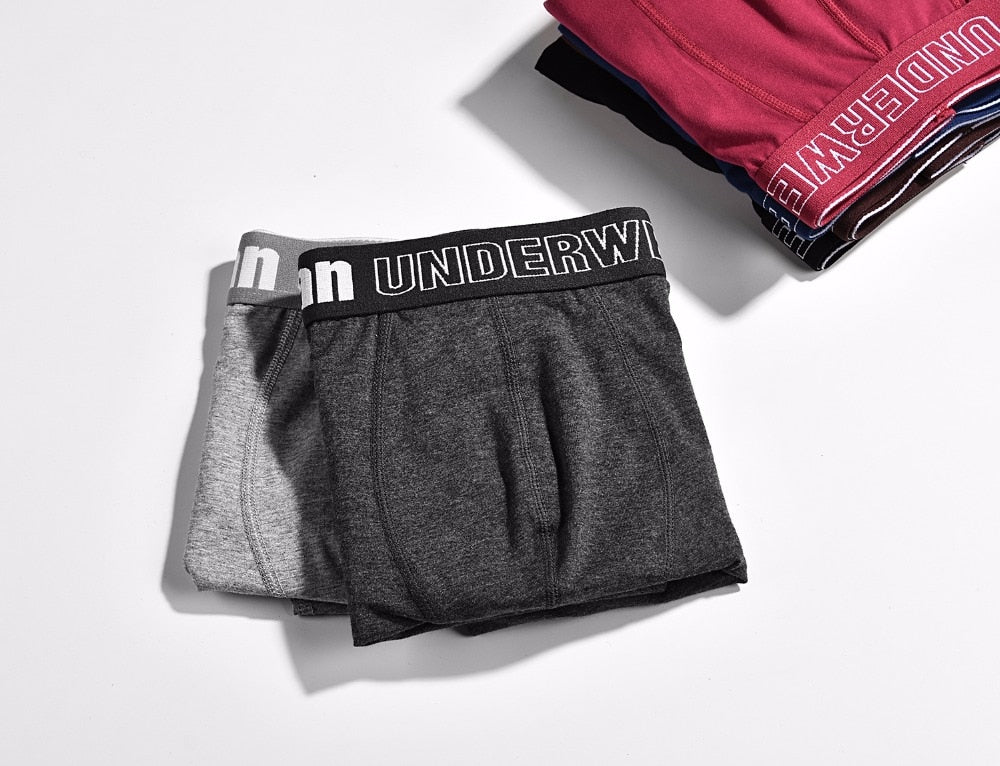 Four pairs of cotton men's boxer briefs from The Clothing Company Sydney, featuring breathable, solid color, flexible underpants for men.