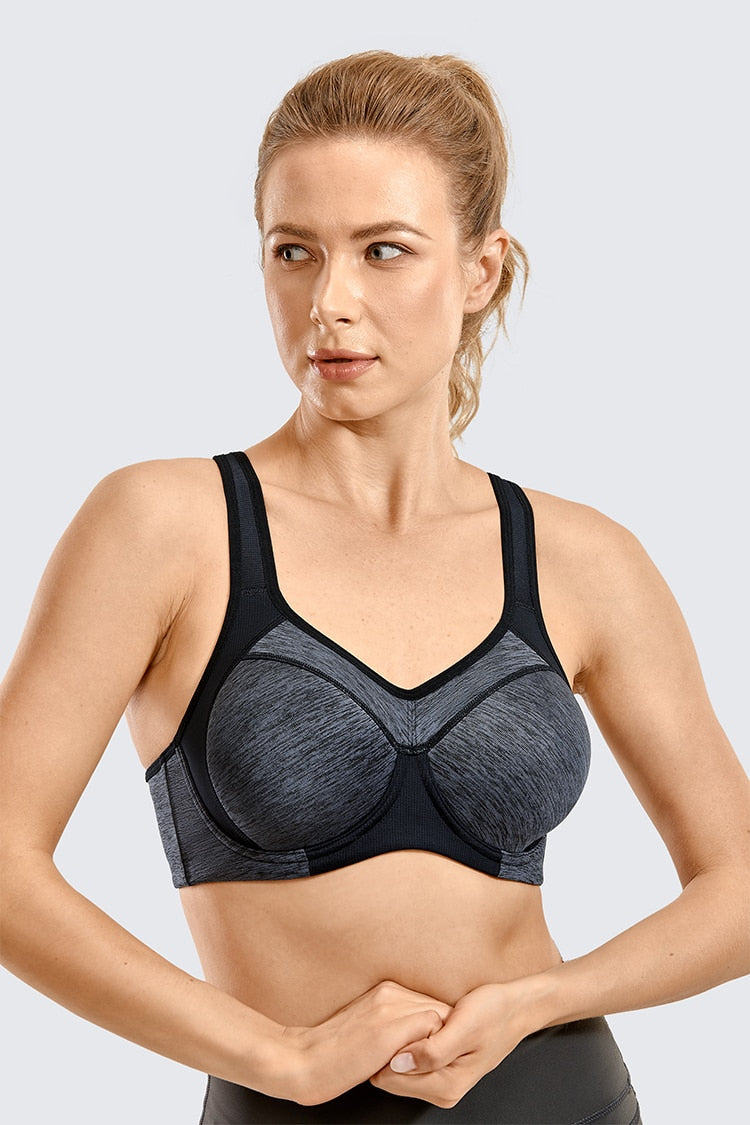 Women's moisture-wicking high-impact sports bra with racerback design, padded full support, and underwire from The Clothing Company Sydney.