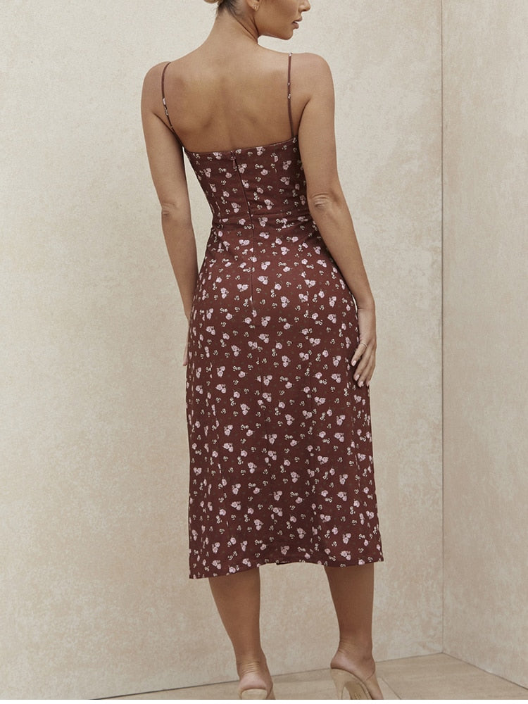 Women's floral wine-colored prairie chic dress with spaghetti straps, backless design, side split, and lace-up detail by The Clothing Company Sydney.