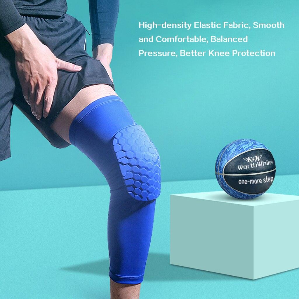 Black basketball knee pads with honeycomb foam padding and adjustable compression sleeve for sports protection and support