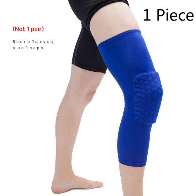 Black basketball knee pads with honeycomb foam compression sleeves and adjustable straps for knee support during sports.