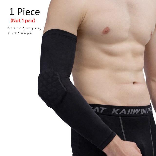 Black basketball knee pad with honeycomb foam design, compression sleeve and support for sports like volleyball and fitness activities.