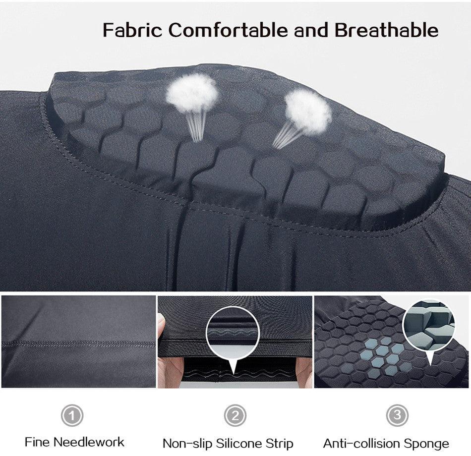Black basketball knee pads with honeycomb foam design, compression sleeve for sports protection, supporting knee stability during activity.