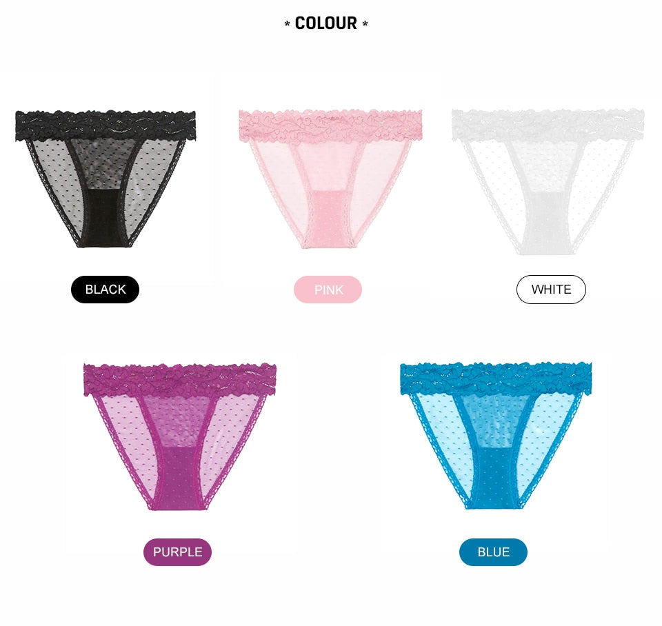 Low-waist dot mesh lace underwear briefs with transparent thong design from The Clothing Company Sydney.