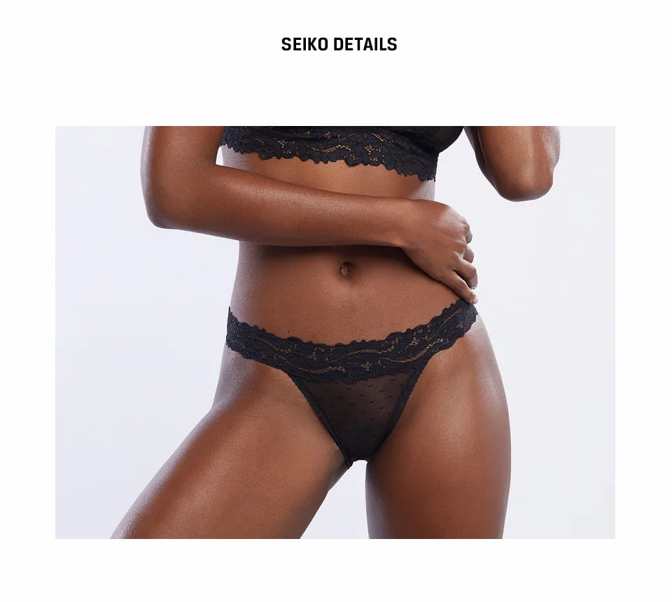 Low-waist lace underwear by The Clothing Company Sydney featuring dot mesh, transparent thong design, sexy lingerie panties.