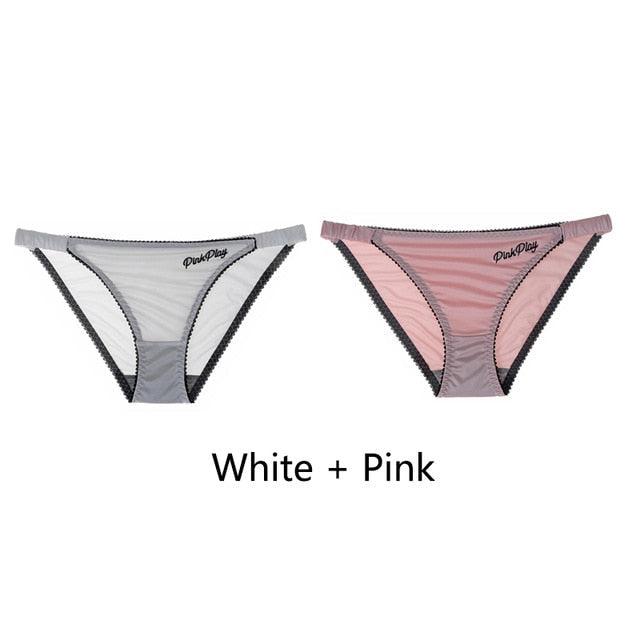Two pairs of women's seamless low-rise briefs with letter print design, comfortable underwear from The Clothing Company Sydney.