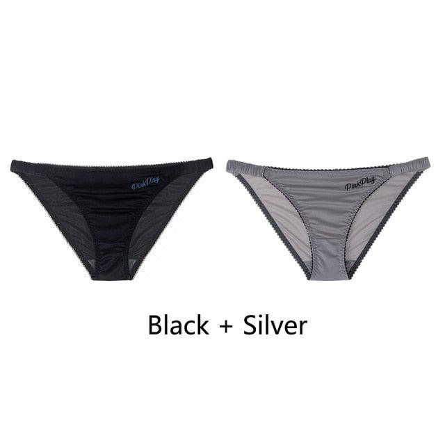 Two pairs of women's letter print seamless low-rise underwear by The Clothing Company Sydney, comfortable and stylish briefs.